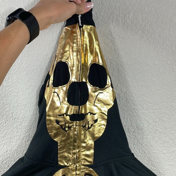 NWT Tipsy Elves Gold Skeleton Costume Zip Hood Onesie Jumpsuit Black Sz M - Picture 4 of 14